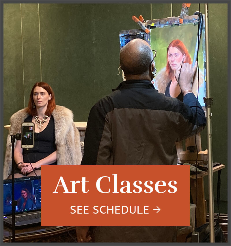 Artist Lenin Delsol painting a portrait of a young woman with red hair wearing a beaded necklace and fur coat